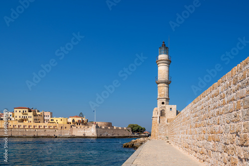 Venetian harbour and lighthouse in Chania. Crete, Greece