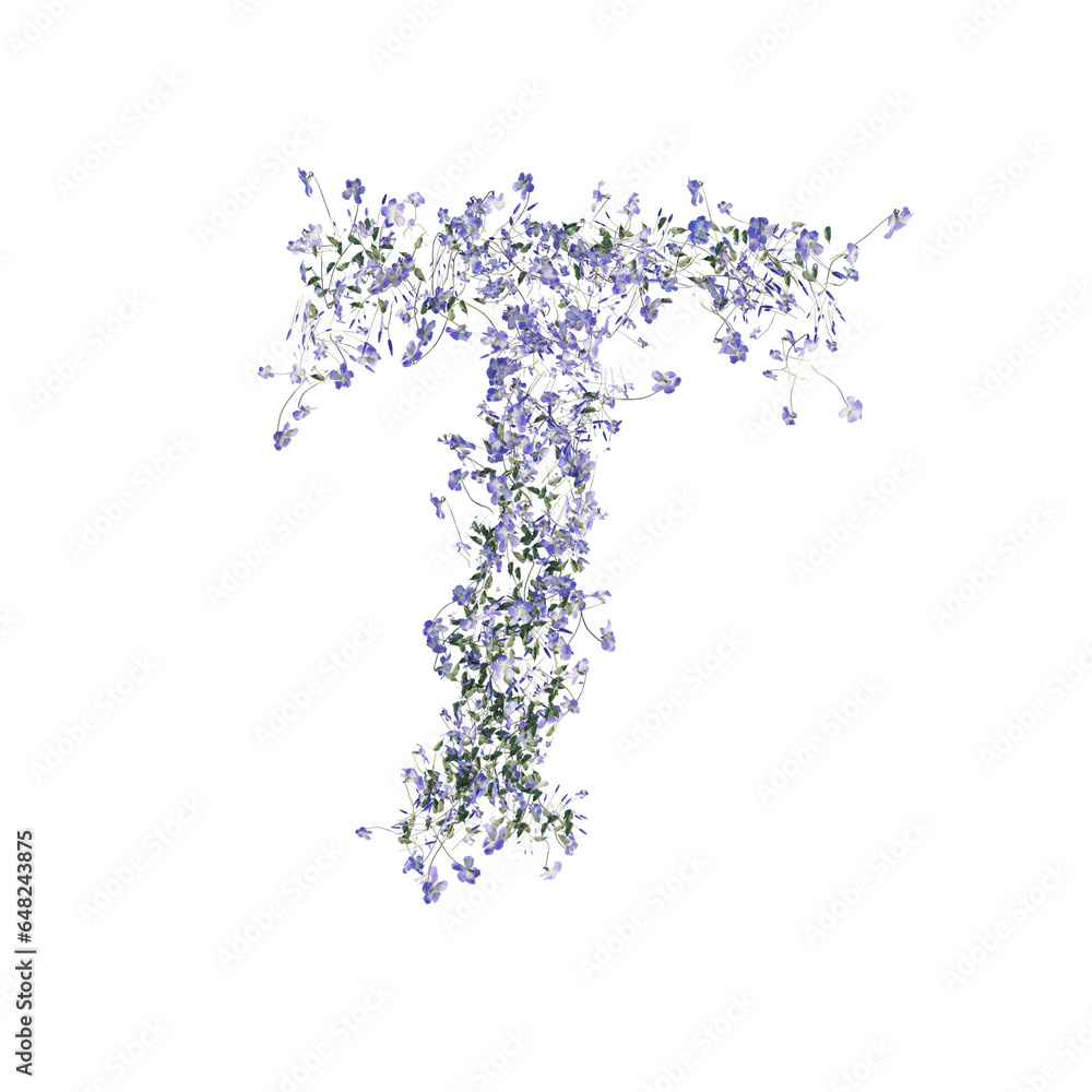 Font made of flowers and leaves, alphabet, font art 3d rendering with transparent background
