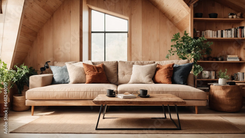 Attic scandinavian home interior design of modern living room. Corner sofa and rustic coffee table against wood lining wall with book shelves.