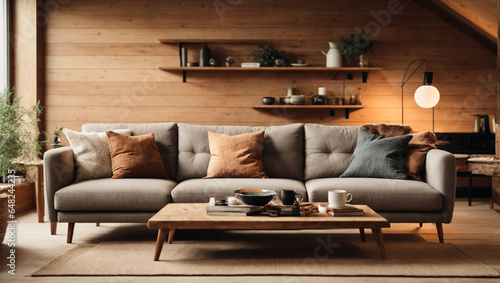 Attic scandinavian home interior design of modern living room. Corner sofa and rustic coffee table against wood lining wall with book shelves. © DSM