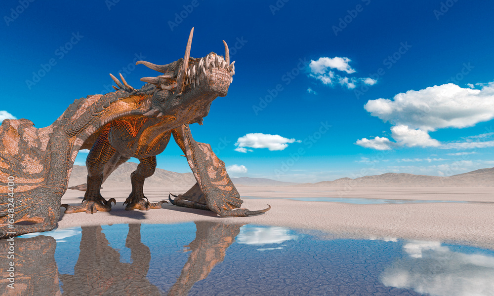 Fototapeta premium dragon is grounded on the desert after rain side view
