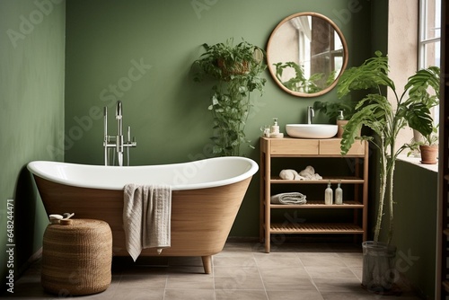Nordic bathroom with large green tub  plants  wooden furniture  towels  and mirror. Generative AI