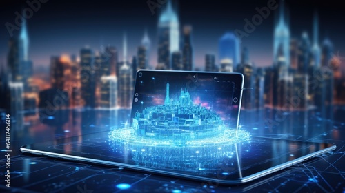 Laptop with hologram construction on screen against cityscape background