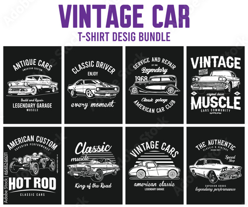 Old classic cars vector t-shirt design bundle. vintage t-shirts design graphic illustrations. american vintage cars template.