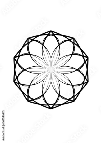  komplexes rotationssymmetzrisches gitter in form einer blüte mit sich vielfach kreuzenden und zum zentrum hin verjüngenden linien, mandala, rosette, modern art