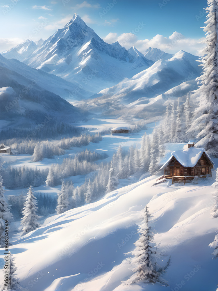 House in the mountains. Winter mountain landscape. Snowy winter in the mountains. Snowy landscape on a winter mountain. Snowy cottage in the mountains. generative AI