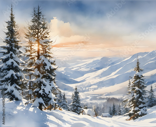 Winter mountain landscape watercolor. Snowy winter in the mountains. Snowy landscape on a winter mountain. Snowy forest in the mountains. generative AI