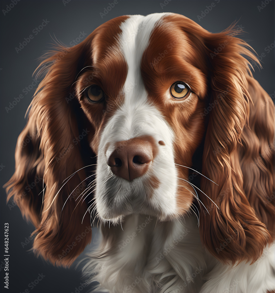 welsh springer spaniel close-up. Professional studio portrait of dog spaniel. Cute welsh springer spaniel. generative AI