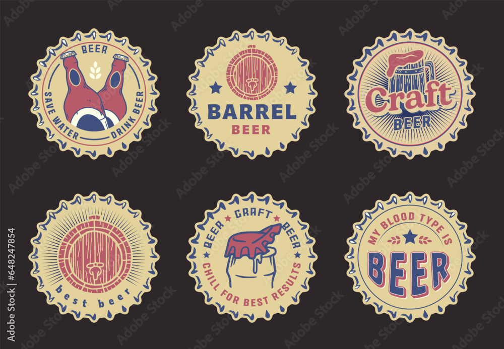 Beer cap vector set or brew emblems or craft beer logos. Labels or prints with metal cork for bar or brewery shop. Vintage old retro designs for pub