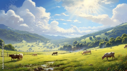 an image of a peaceful, sunlit pasture with grazing cattle and horses