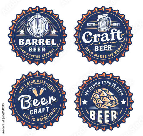 Beer cap vector set or brew emblems or craft beer logos. Labels or prints with metal cork for bar or brewery shop. Vintage old retro designs for pub