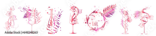 Collection of wine elements - Wine designs. Sketch vector illustration. Hand drawn elements for invitation cards, advertising banner and menu cards. Colorful wine glasses with splashing wine.