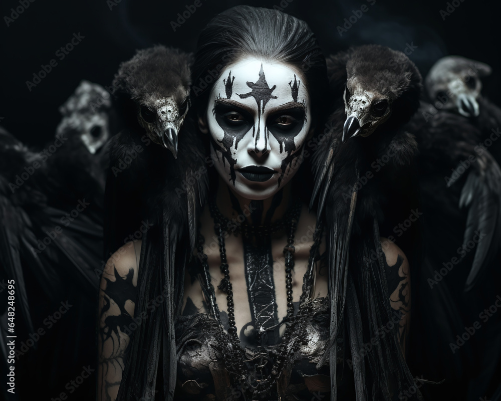 a woman in black and white makeup with a face painted with skulls and vultures on a black