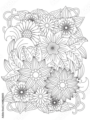 Floral pattern for coloring book. Doodle flowers in black and white. Vector black and white coloring page for Colouring book. For adults and kids.