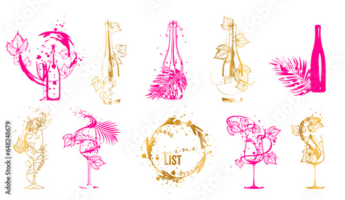 Collection of wine elements - Wine designs. Sketch vector illustration. Hand drawn elements for invitation cards, advertising banner and menu cards. Colorful wine glasses with splashing wine.