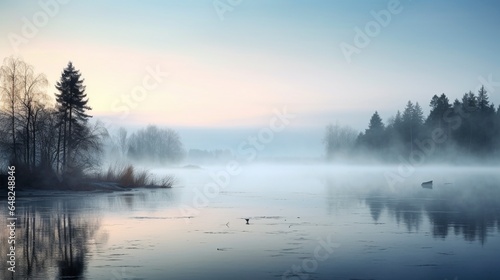 an image of a peaceful, misty morning on a tranquil, fog-covered lake