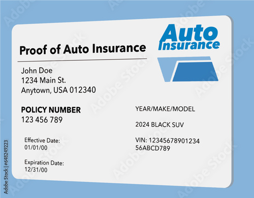 A proof of automobile insurance card that is a mock , generic card is seen in a 3-d illustration. Auto insurance proof. © Rob Goebel