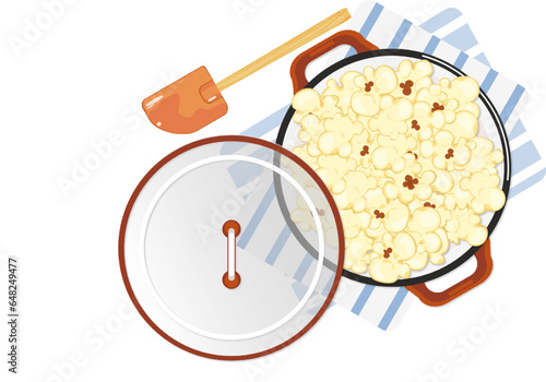 Vector illustration of popcorn packed in a pot with a lid and kitchen utensils. Cartoon style. Top view. Isolated on a blue background for film, cinema, food, theater, and design.