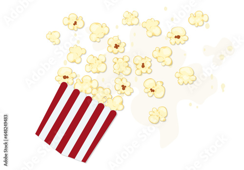 Vector illustration of popcorn splashing out of a red and white cardboard box, cartoon style, isolated on a white background for film, cinema, food, theater, and design.