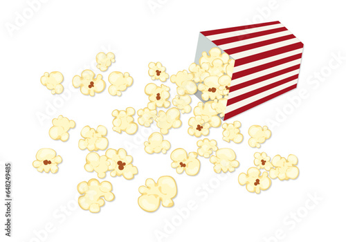 Vector illustration of popcorn spilling out of a red and white cardboard box, cartoon style, isolated on a white background for film, cinema, food, theater, and design.