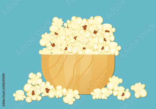 Vector illustration of popcorn packed in a wooden bowl, cartoon style, isolated on a blue background for film, cinema, food, theater, and design.