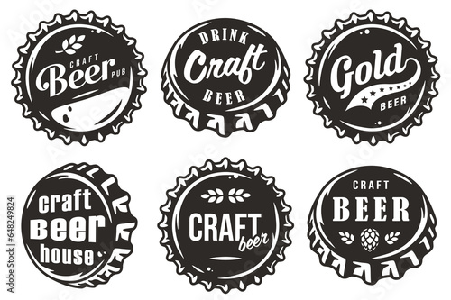 Beer cap vector set for design of brew beer in a brewery. Collection of metal corks for logo of craft brewing. Vintage old retro designs with beer cap for pub and bar