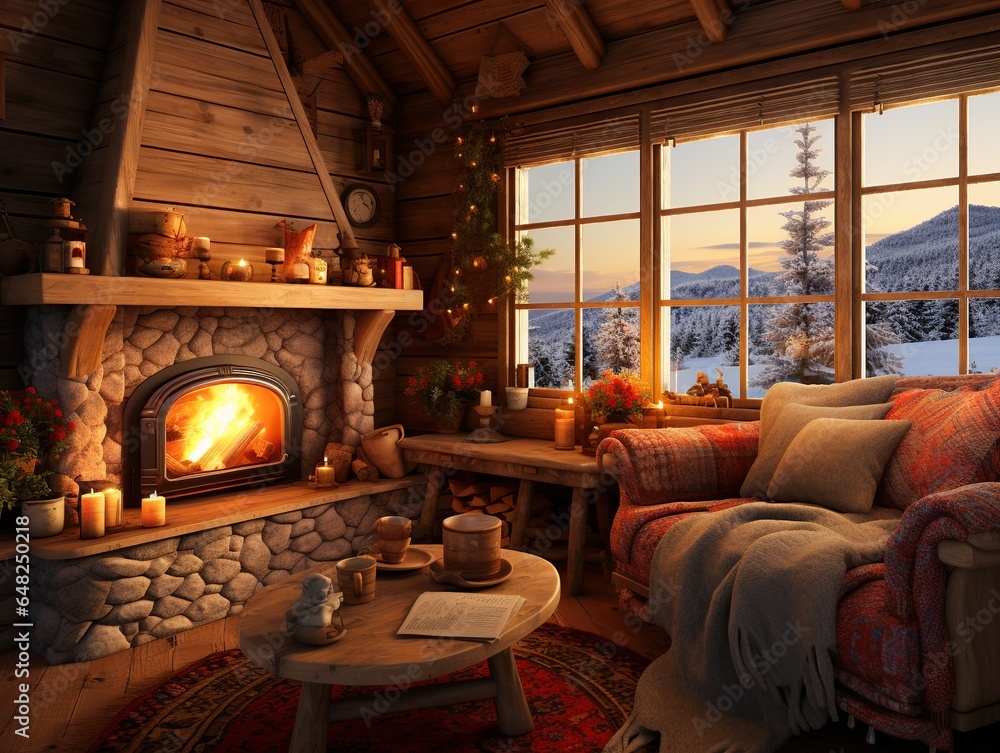 Cozy rustic winter cabin interior 3d illustration , Generative Ai Cozy rustic winter cabin interior 3d illustration , Generative Ai