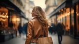 Modern happy asian Female lifestyle fashion portrait. beautiful attractive young woman girl enjoy stylish walk with shopping bag packages on the street, trendy outfit on shopping mall, browse product