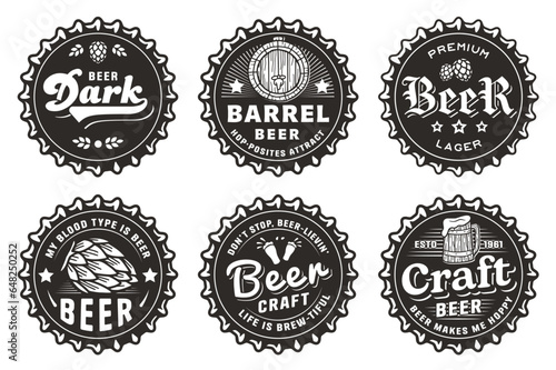 Beer cap vector set for design of brew beer in a brewery. Collection of metal corks for logo of craft brewing. Vintage old retro designs with beer cap for pub and bar