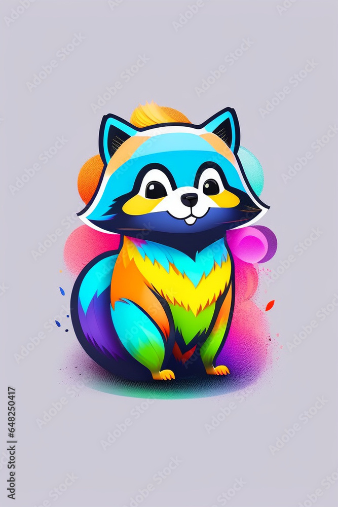 RACOON TSHIRT DESIGN GRAPHIC, CUTE HAPPY KAWAII STYLE COLORFUL, CLEAR OUTLINE, VECTOR, CONTOUR, WHITE BACKGROUND ..NO MOCK UP, PAINT SPLATTER, WATERMARK SIGNATURE