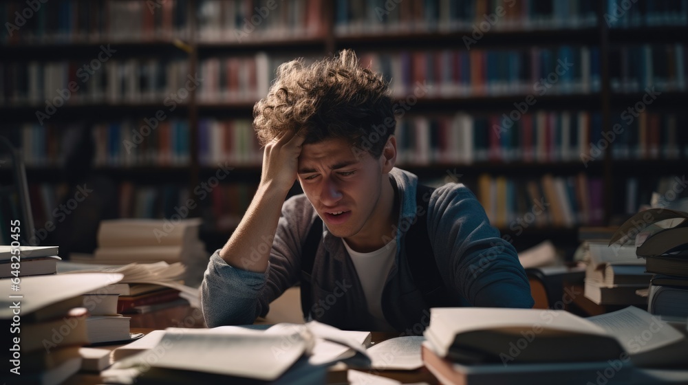 student man have anxiety because of exams, male prepare for test and learning lessons in the library. stress, despair, haste, misunderstanding reading, discouraged, expectation, knowledge, tired student man have anxiety because of exams, male prepare for test and learning lessons in the library. stress, despair, haste, misunderstanding reading, discouraged, expectation, knowledge, tired