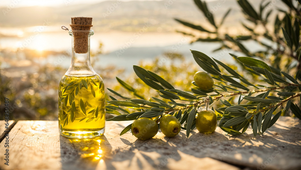 Beautiful glass bottles with oil, fresh green olives, branch against nature background Beautiful glass bottles with oil, fresh green olives, branch against nature background