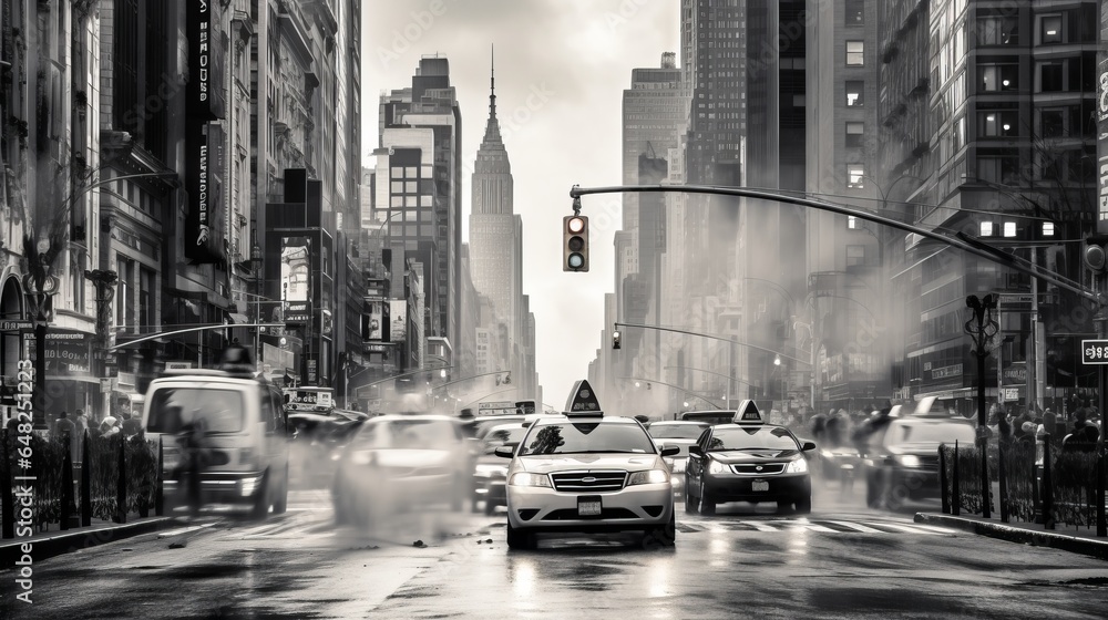Naklejka premium black and white street photography of a busy New York City intersection, conception: street life