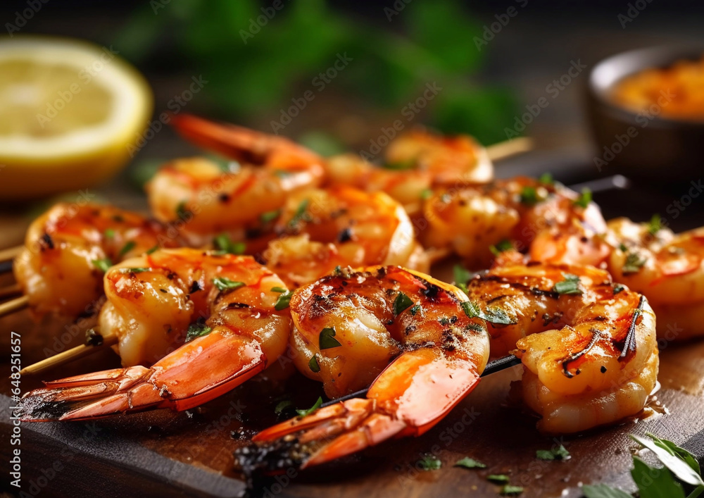 Shrimps prawns grilled on sticks with herbs and lime on table.Macro.AI Generative Shrimps prawns grilled on sticks with herbs and lime on table.Macro.AI Generative