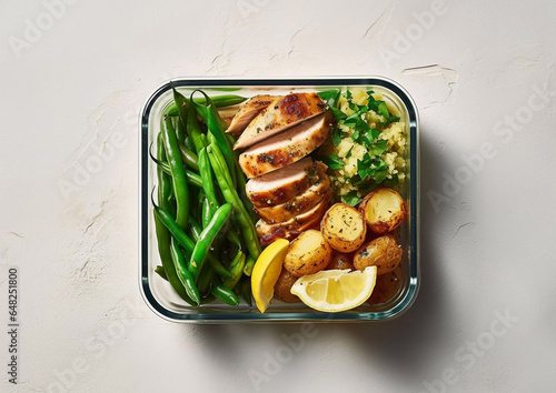 Lunch box with healyhy grilled chicken,broccoli,lemon and peas on light background.Top view.AI Generative photo