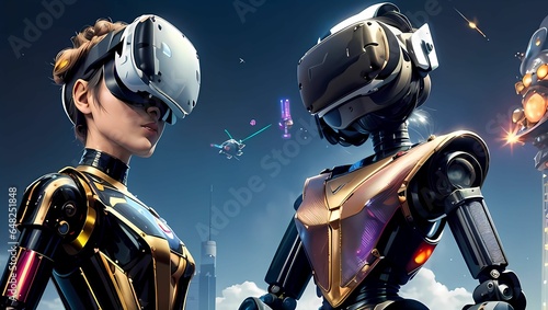 VRゴーグル・VRヘッドセットを付けたクールでカッコいいサイボーグのアバターイラスト（AI生成画像）
