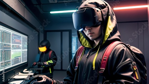 VRゴーグル・VRヘッドセットを付けた知的でクールなハッカーのようなのAIイラスト（AI生成画像）
