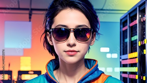 お洒落なサングラスをかけたハッカーのようなの人物のAIイラスト（AI生成画像）
