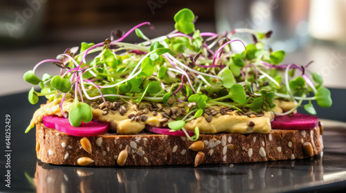 Close-up of avocado toast and whole grain bread with hummus, seeds and microgreens on a plate. Healthy avocado toast. Vegetarian food. Proper nutrition.