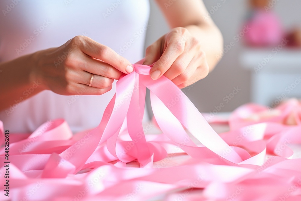 Pink October - Dedicated woman, lovingly weaving a pink ribbon, a symbol of awareness for the early detection of breast cancer. Together, we are stronger. We will beat breast cancer. Pink October - Dedicated woman, lovingly weaving a pink ribbon, a symbol of awareness for the early detection of breast cancer. Together, we are stronger. We will beat breast cancer.