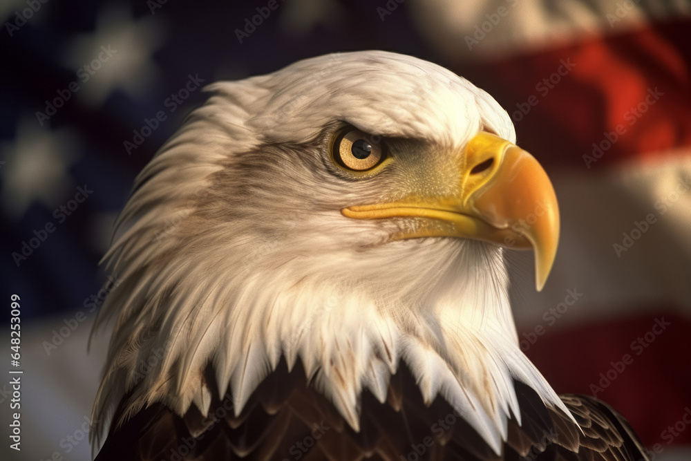 Fototapeta premium Bald eagle against the backdrop of the American flag. Generative AI.