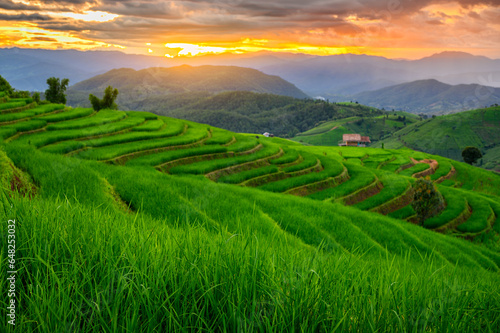 mountains landscape with bamboo hut on terraced green rice fields in cloudy day at sunset, pa pong pieng village, Mae chaem, Chiang mai photo