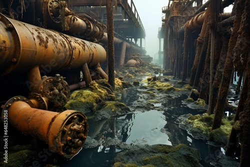 Toxic waste dumped from rusty pipes imperils marine environment. Generative AI