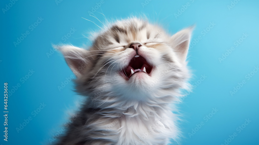 cute kitten  portrait on blue background,