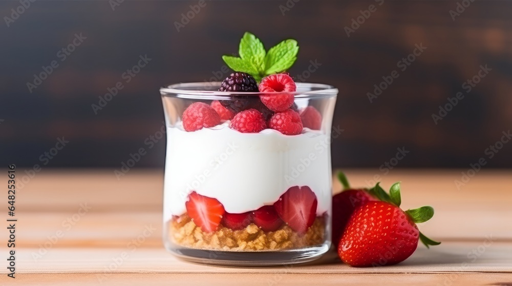 Sweet dessert in glass with biscuitberry natural product and whipped creamselective center and clear space Sweet dessert in glass with biscuitberry natural product and whipped creamselective center and clear space