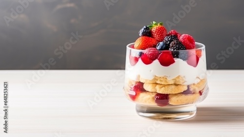 Sweet dessert in glass with biscuitberry natural product and whipped creamselective center and clear space
