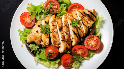 Juicy grilled chicken fillet with crispy green salad and tomatoes, served on a beautiful plate. Healthy eating, diet. The concept of healthy nutrition.