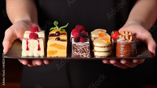 Tasting one cake from parts closeup Plate with five diverse sweet pastries hand taking one Degustation choosing dessert for party or wedding gastronomy occasion organization concept