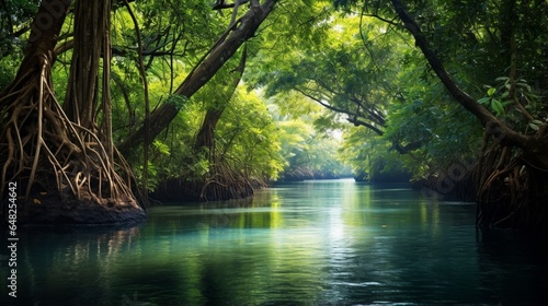 an image of a serene tropical river winding through a dense mangrove forest photo