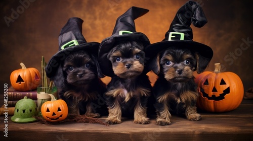 Three charming small puppy pooches dressed up in Halloween outfits counting a witch super legend and frog sovereign